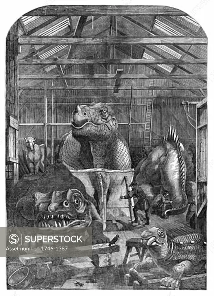 The 'Extinct Animals' model room at Crystal Palace, Sydenham, showing models of dinosaurs being prepared for display. Benjamin Waterhouse Hawkins (1807-89) prepared the display. From "The Illustrated London News" (London, December 31, 1853) Wood engraving