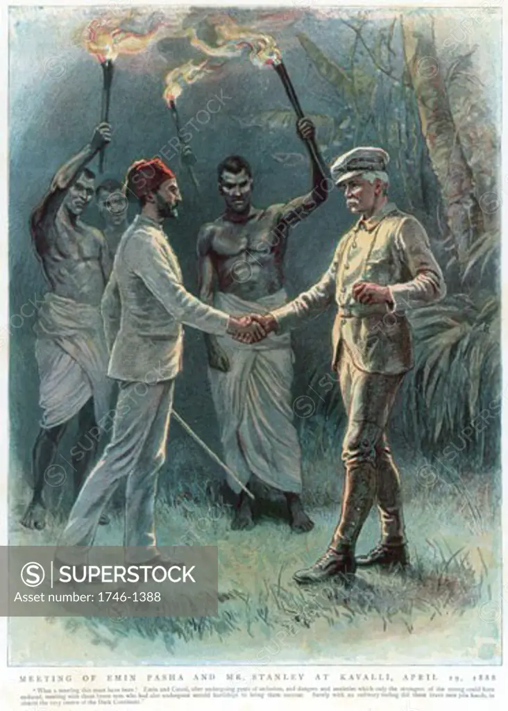 Henry Morton Stanley (1840-1904) Welsh journalist and explorer, meeting Emin Pasha (1840-92) at Kavalli, 29 April 1888. Colour-printed engraving 1888