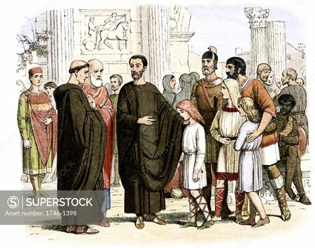 Gregory I the Great (c540-604).  Pope from 590, seeing English slave children in Rome,  is reputed to have said "These are Angels, not Angles".  Sent St Augustine (d604) and 40 monks to England in 596 to convert Anglo-Saxons to Christianity.  Colour print