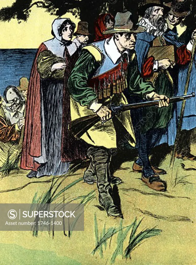 Pilgrim Fathers advancing into America after crossing from Europe in the 'Mayflower' in 1620. Colour-printed lithograph c1900