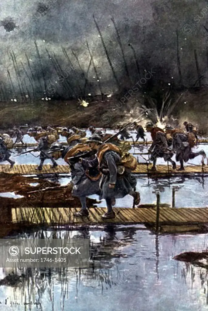 French 1st Infantry Corps crossing of the Yser Canal, 31 July 1917, 4.45 am After painting by Francois Flameng (1856-1923/French), Half-tone