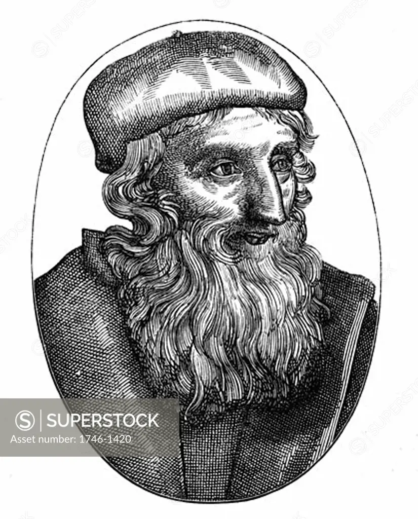 John Wycliffe (c1329-1384) English religious reformer.  Leader of the Lollards (Mumblers).  Questioned doctrine of transubstantiation. Organised translation of Bible into English.  Precursor of Protestant Reformation. 16th century woodcut.