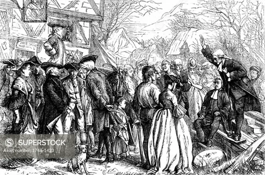 'John (1703-1791) and Charles (1707-1788) Wesley preaching in the open air at Bristol, 1739 where the first Methodist chapel was founded. Illustration by Francis Arthur Fraser ( 1846-1924) from ''The Sunday Magazine'' (London 1868). Wood engraving. ' 