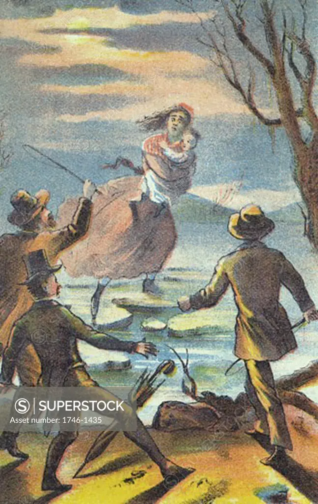 ''Uncle Tom's Cabin: or, Life Among the Lowly''. Illustration from poster for 1870 theatrical production. Eliza carries son across Ohio river, escaping the slave trader Haley. Chromolithograph. Colour'