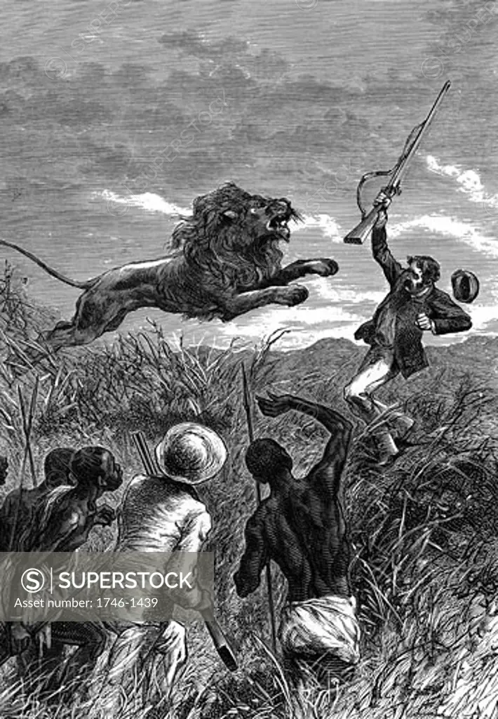 David Livingstone (1813-1873) Scottish missionary and African explorer, Livingstone being charged by a lion, Saved by Mebalwe, a native schoolmaster, who shot the animal, From Heroes of Britain Edwin Hodder (London c1860), Wood engraving,