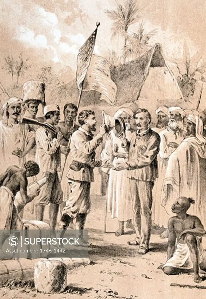 Dr Livingstone, I presume The historic meeting between Henry Morton Stanley (1841-1904) Welsh explorer and journalist, and David Livingstone (1813-1873) Scottish missionary and African explorer, at Ujiji on the shores of Lake Tanganyika, 10 November 1871
