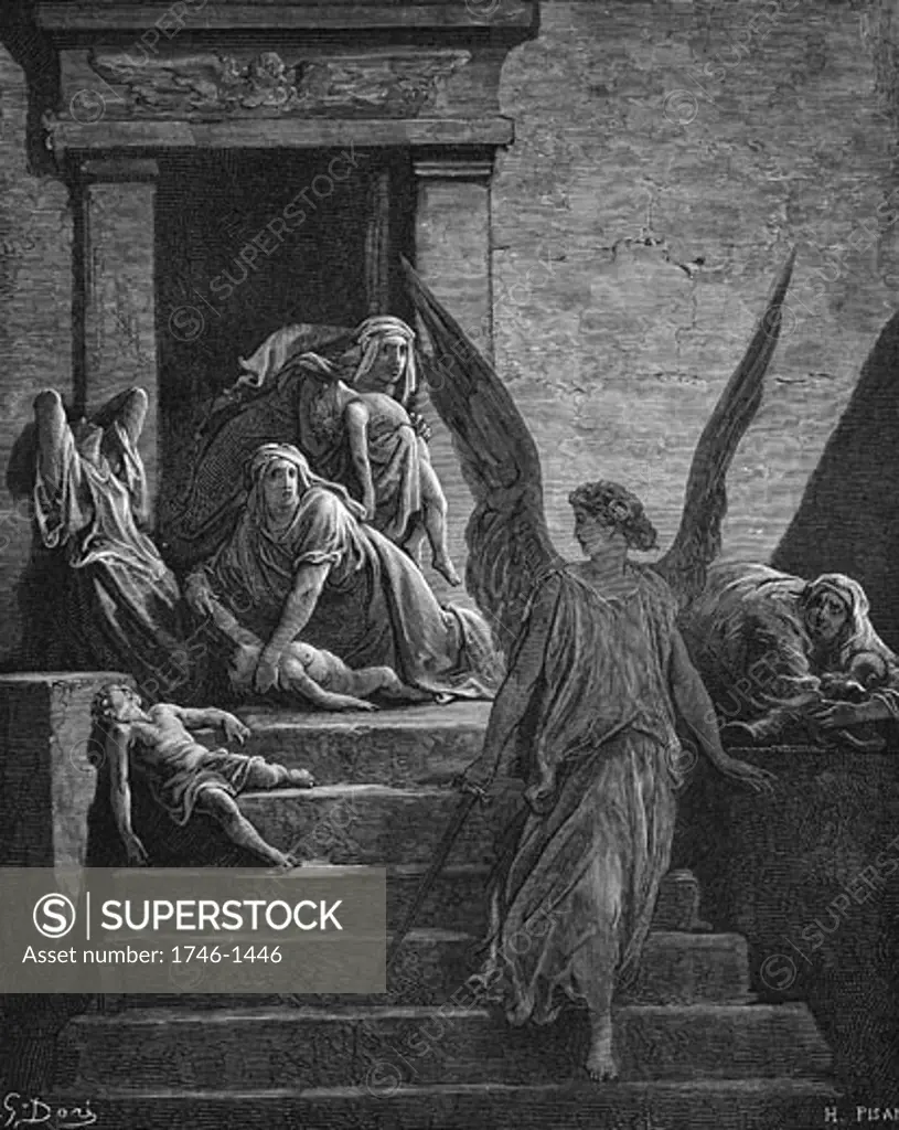 Seven Plagues of Egypt: Exodus. Angel of the Lord, sword in hand, leaving mothers lamenting the death of the first born. Illustration by Gustave Dore (1832-1883) French painter and book illustrator for "The Bible" (London 1866). Wood engraving.