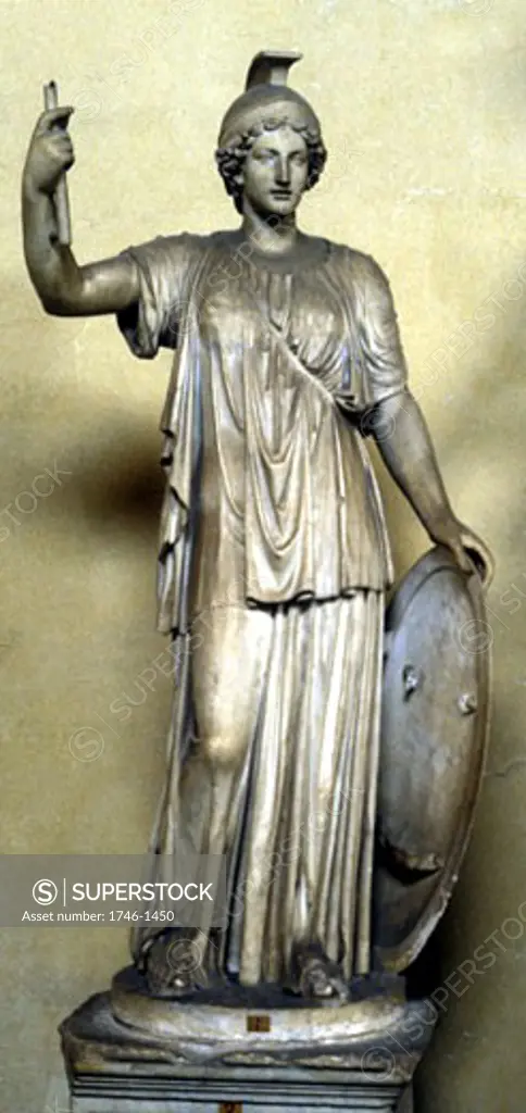 Minerva: Ancient Roman goddess of wisdom, patroness of arts, wearing helmet and holding shield. Athene in Greek pantheon. Statue