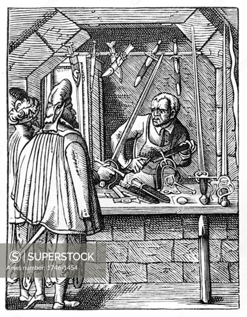 The Sword Maker, Woodcut by Jost Amman (1539-1591) Swiss engraver.