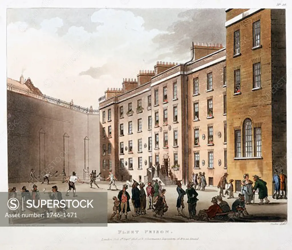 Inner court, Fleet Prison, London. Prison for debt and contempt of court. From The Microcosm of London,  Ackermann, London, 1808-11, illustrated by Pugin and Rowlandson. Aquatint