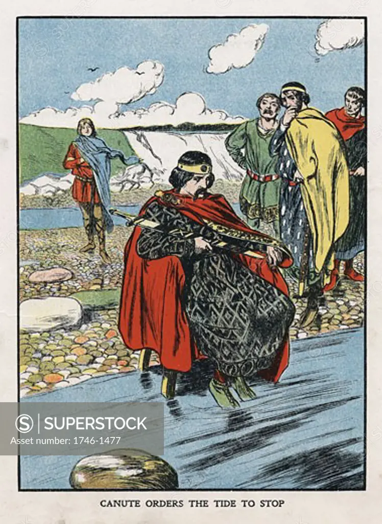Canute (Sveinsson Knut) d1035, King of England from 1016, Denmark from 1018, Norway from 1030, demonstrating to flattering courtiers that God alone can command the tides, Early 20th century illustration