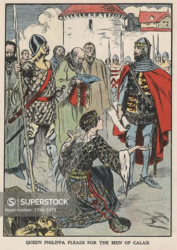Queen Philippa pleading with her husband, Edward III of England, for lives of Burghers of Calais after siege of the city, 1346, Incident in Hundred Years War between England and France, Early 20th century illustration
