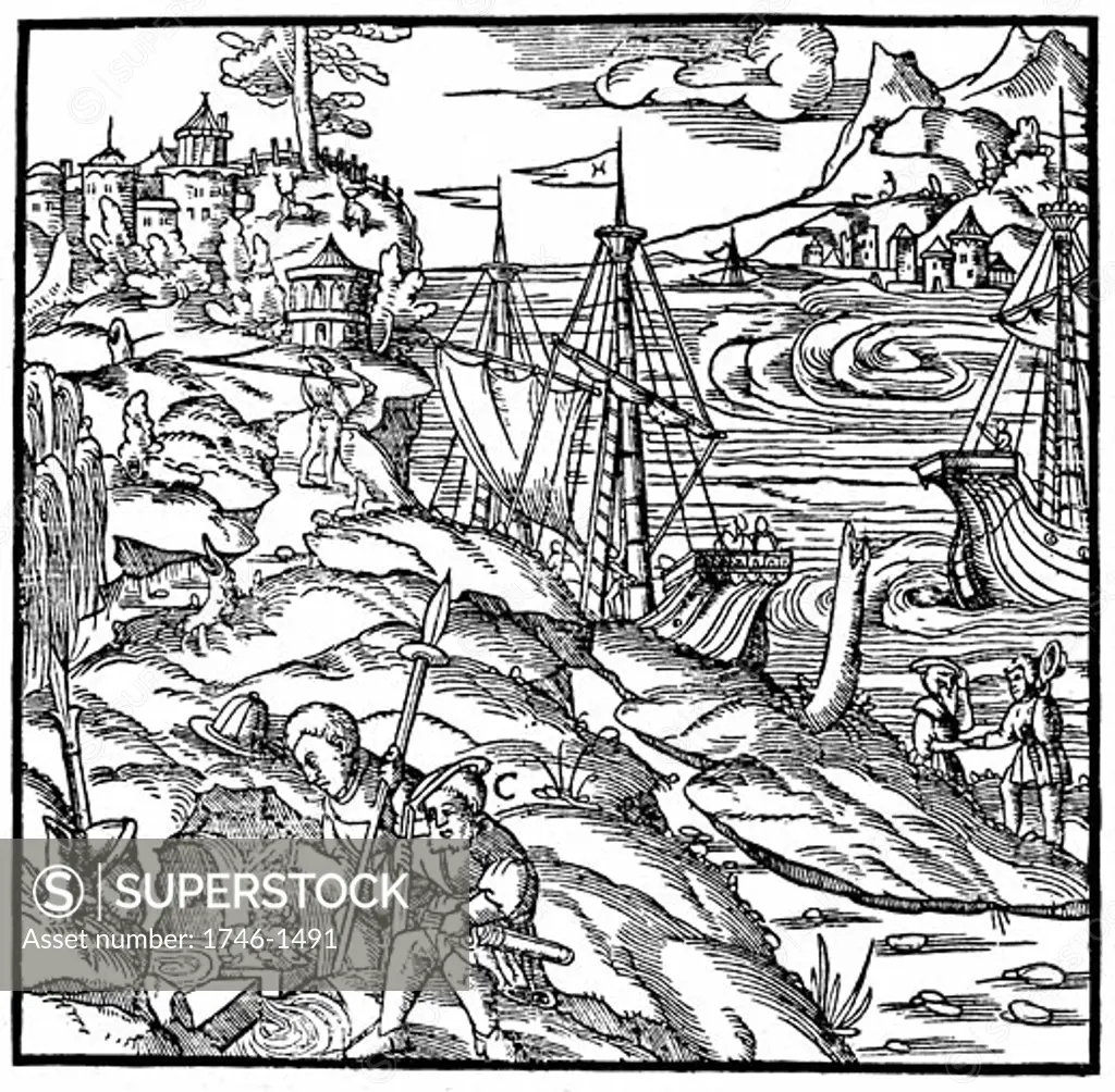 Argonauts finding the Golden Fleece, a fleece placed in a spring by the Colchians to collect alluvial gold dust. From Agricola De re metallica, Basle, 1556. Woodcut.