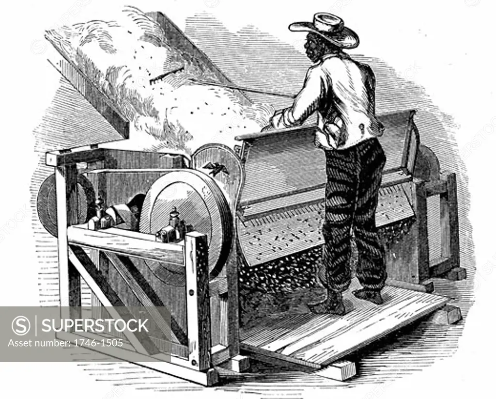 Saw gin for cleaning cotton being operated by barefoot black labourer. Southern States of USA. Eagle gin, improved form of Whitney gin. Wood engraving, 1865