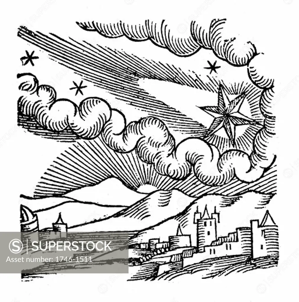 Comet of 1546 (Halley). At this appearance the comet was excommunicated by Pope Calixtus III. From Lycosthenes Prodigioum ac ostentorum chronicon Basle 1557. Woodcut