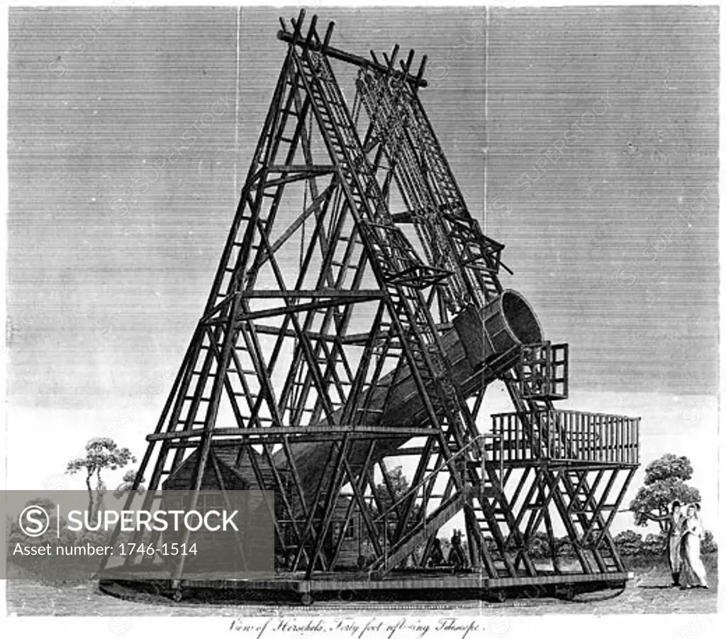 Reflecting telescope with focal length of 40 feet (12.19m), showing top of brick foundation and wheeled platform on which instrument mounted. Slough, England., William Herschel's (1738-1822), Engraving 1809