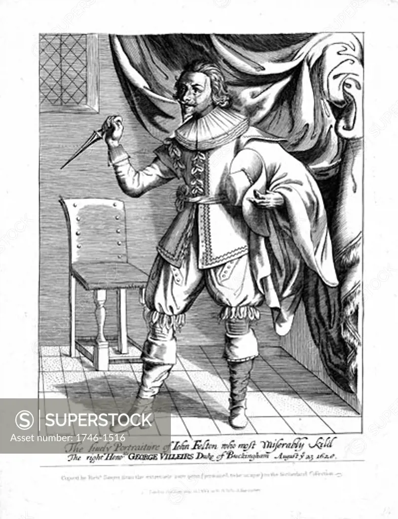 John Felton (1595-1628) English Protestant soldier, shown with poniard raised ready to strike, Assassin of George Villiers, Duke of Buckingham, 23 August 1628, Engraving