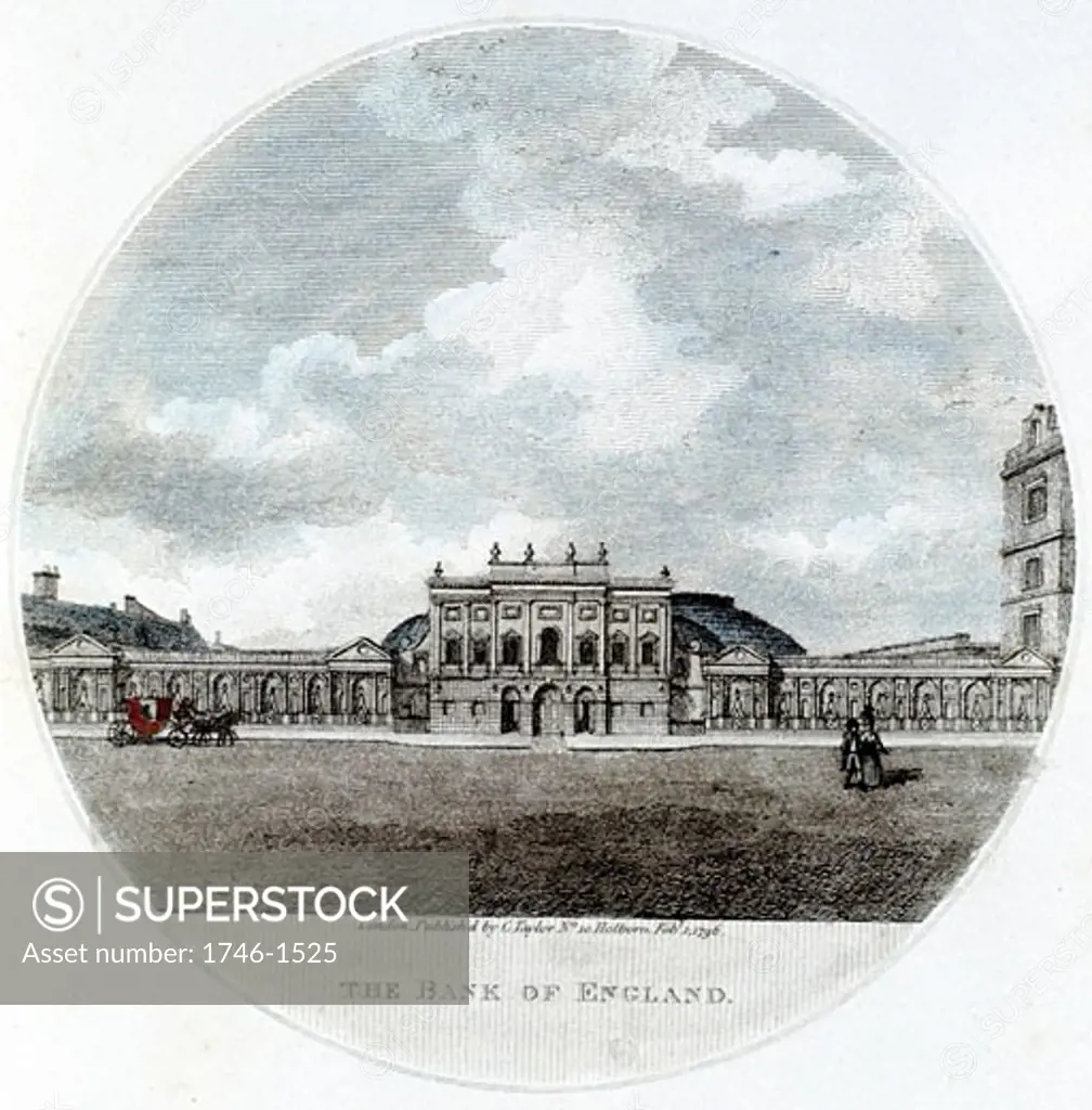 Facade of The Bank of England, London, Hand-coloured engraving 1796