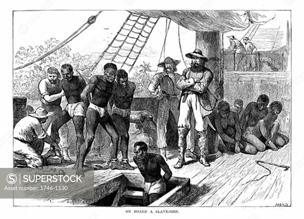 Captives being brought on board a slave ship on the West Coast of Africa (Slave Coast). Wood engraving c1880 