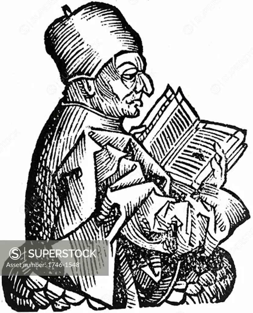 Venerable Bede (c.673-735) Anglo-Saxon theologian, scholar and historian; monk at Jarrow, Northumberland, holding open a book. From "Liber Chronicarum Mundi" (Nuremberg Chronicle) by Hartmann Schedel 1493, Woodcut