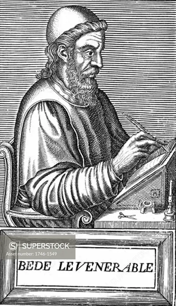 Venerable Bede (c.673-735) Anglo-Saxon theologian, scholar and historian; monk at Jarrow, Northumberland. Bede using writing slope, quill pen. Scissors, inkwell and candle at his side. Woodcut c1584