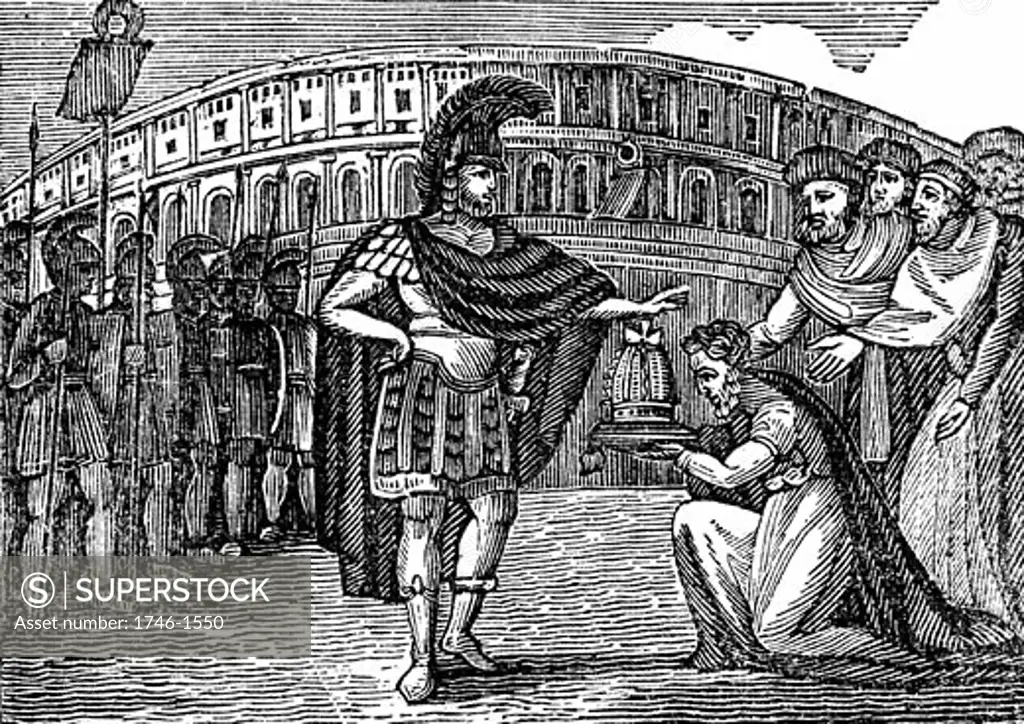 Belisarius (505-565) Byzantine general under Justinian I. Belasarius refusing the crown of Italy offered to him by the Goths in 540. Woodcut published New York 1830