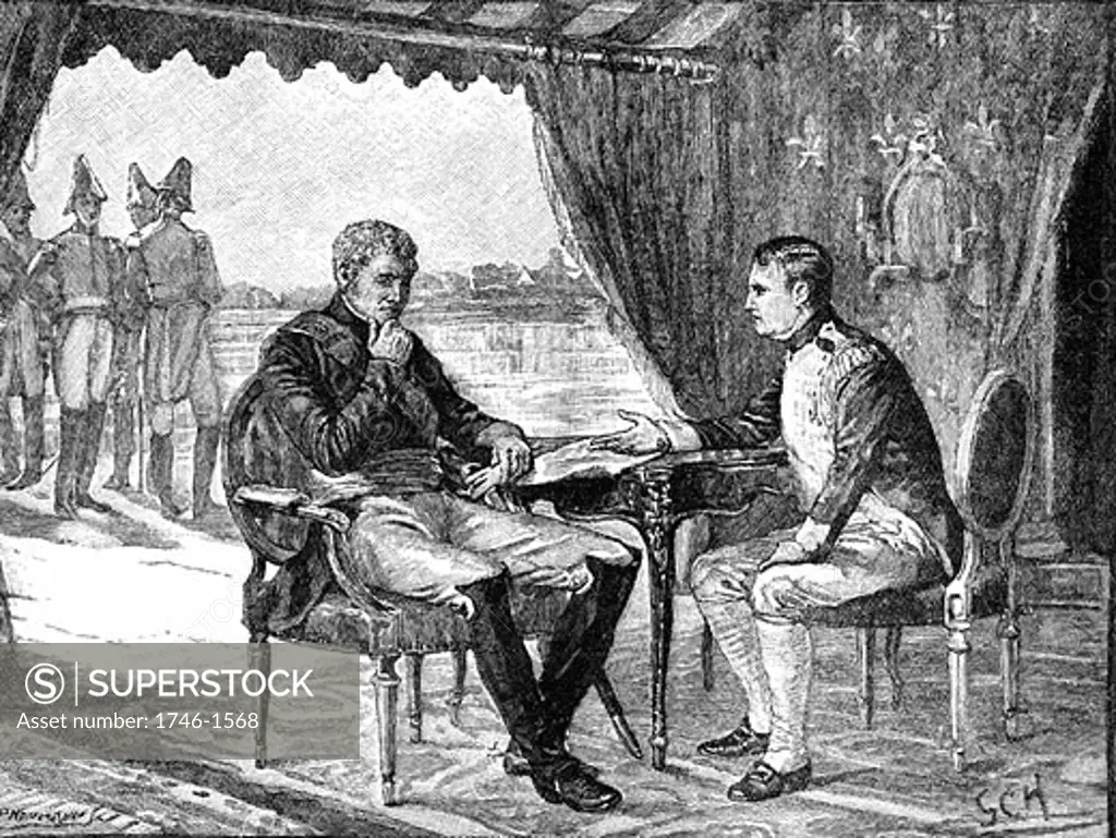 Alexander I Russia and Napoleon I (Bonaparte) of France meeting on a raft in the middle of the river Nieman, 25 June 1807. Napoleonic Wars; Treaty of Tilsit. Wood engraving c1880