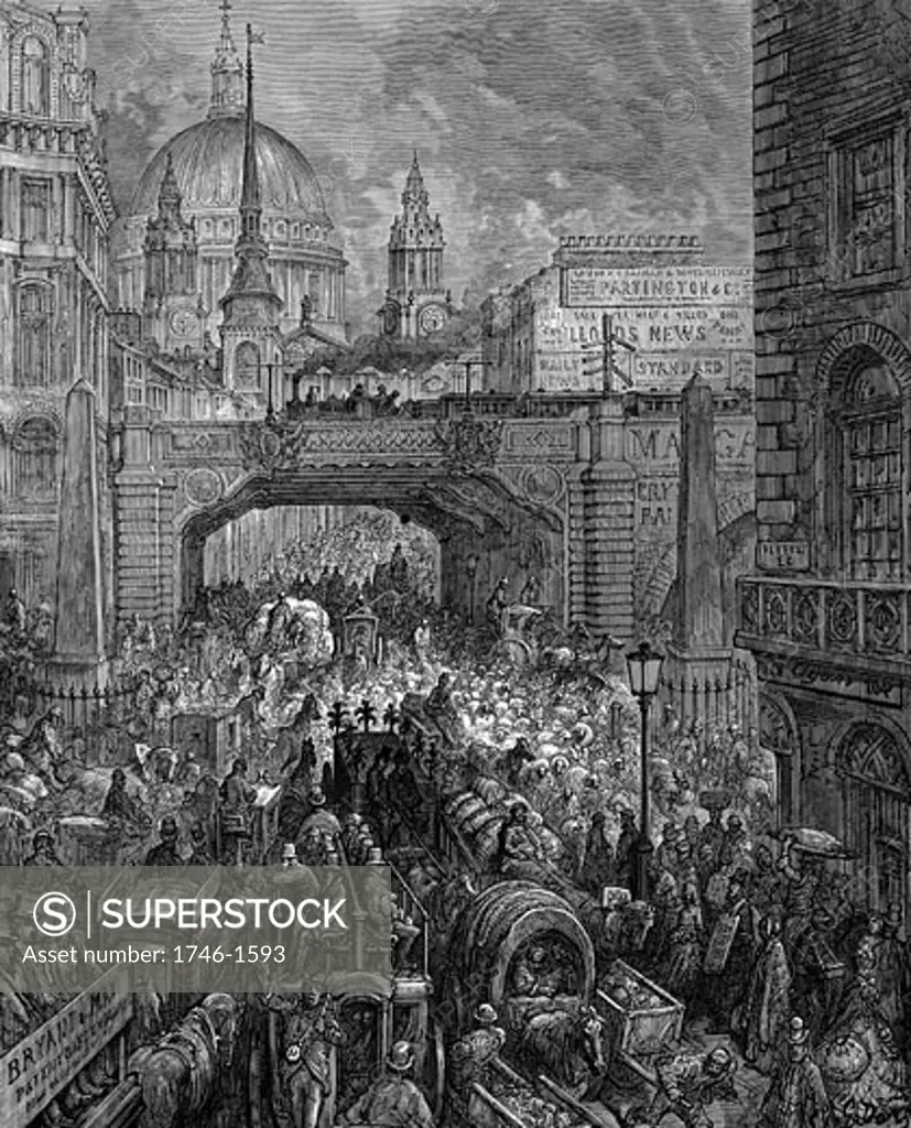 'Ludgate Hill' From Gustave Dore and Blanchard Jerrold London: A Pilgrimage London 1872. Scene of traffic congestion, railway viaduct (centre), and dome of St Paul's. Wood engraving