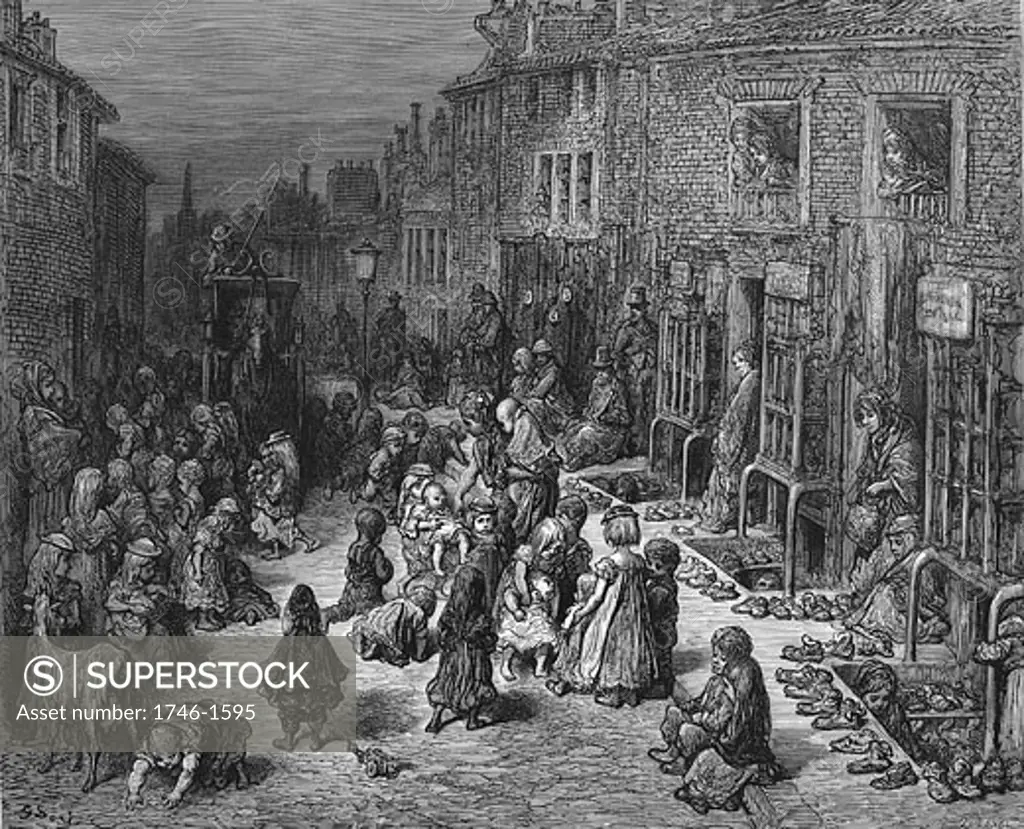 'Dudley Street, Seven Dials' From Gustave Dore and Blanchard Jerrold London: A Pilgrimage London 1872.  Unkempt, dirty children play in the street while cab tries to drive through without crushing them. Wood engraving