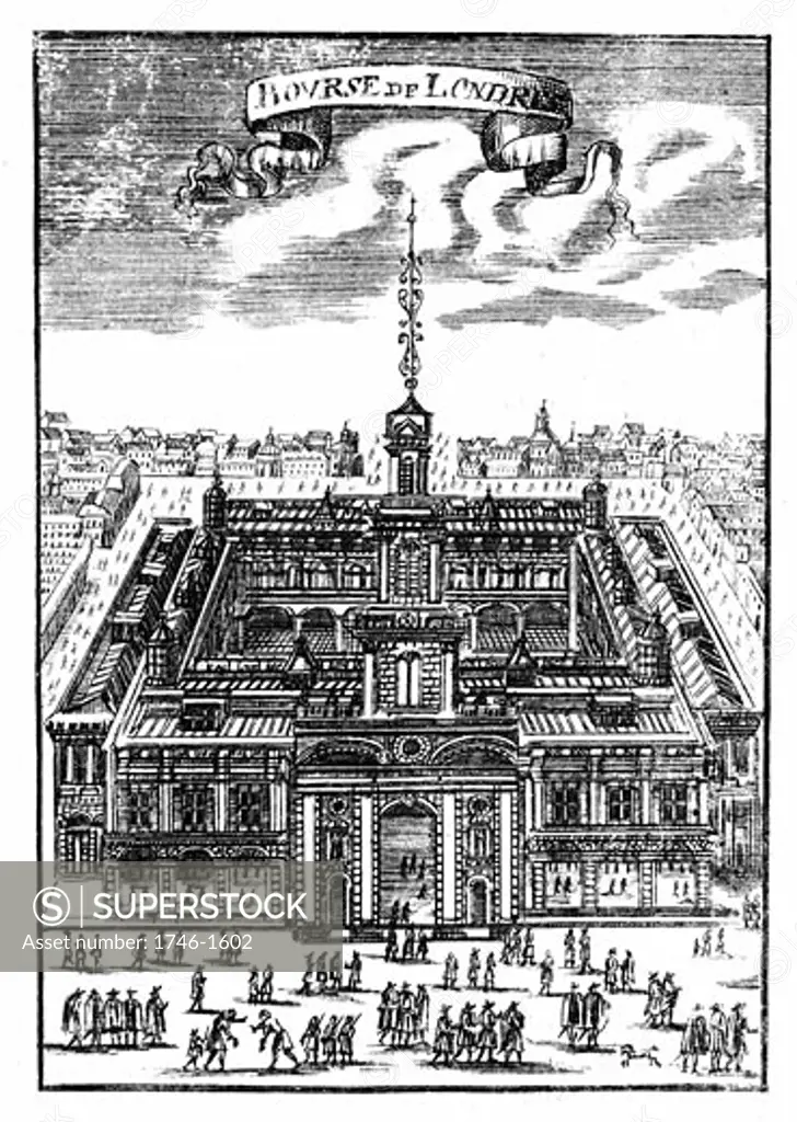 The Royal Exchange, London, This is the second building which replaced the first which was destroyed in the Fire of London, 1666, Copperplate engraving, 1686