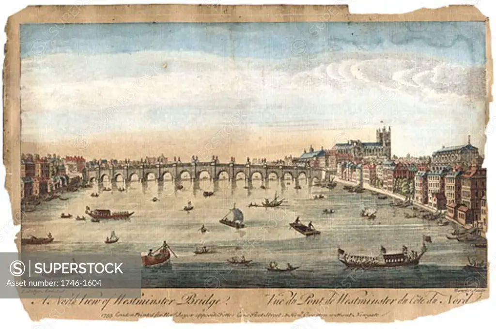 Westminster Bridge London showing Westminster Abbey on right, Hand coloured engraving published 1753