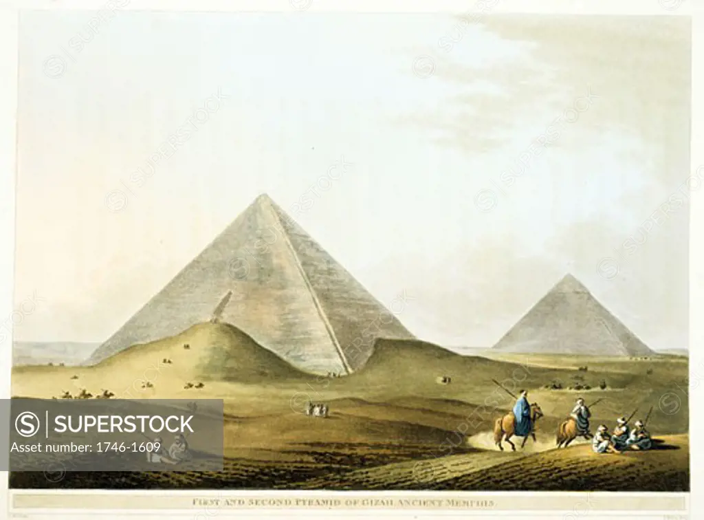 'First and Second Pyramid of Gizah Ancient Memphis' Aquatint after Luigi Mayer published London 1801. British Museum, London