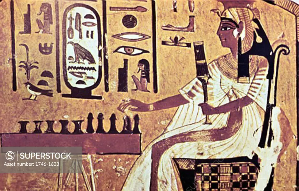 Nefetari laying Senat the Egyptian board game which is forerunner of chess. Her cartouche is highlighted in white, Wall painting from tomb of Nefetari, Thebes
