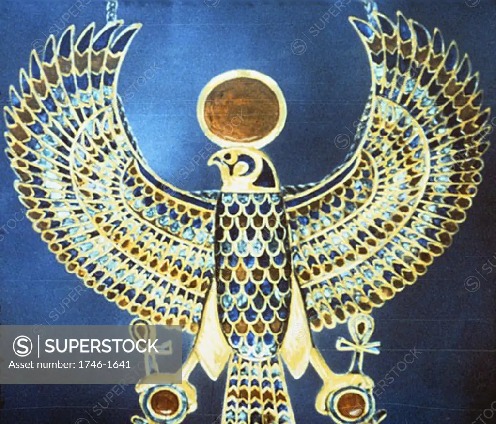 Treasure of Tutankhamun (dc1340 BC) : Pectoral jewel of gold, semi-precious stone and faience showing Horus, falcon-headed god crowned with sun disc with ankh, symbol of life, attached to each claw.