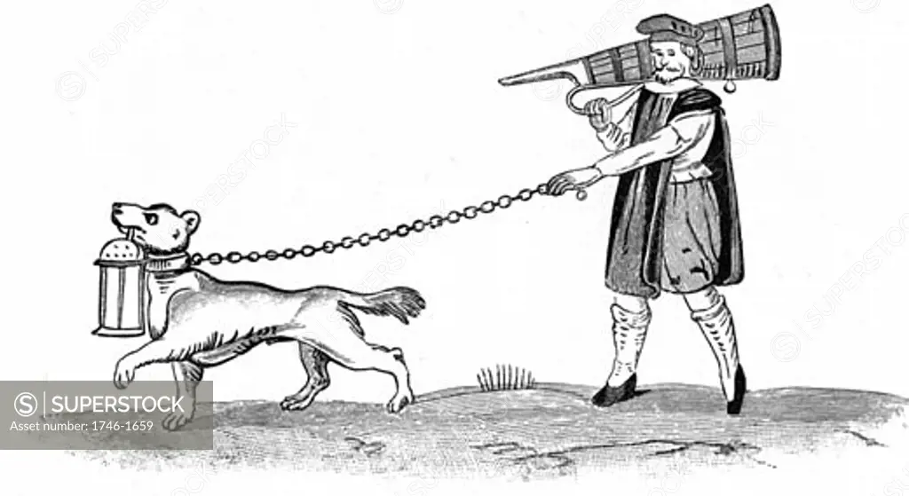 The Constable of the Watch with his dog. In Shakespeare Much Ado About Nothing Act 3 Scene 3 Dogberry is such a officer.  Early 17th century illustration,