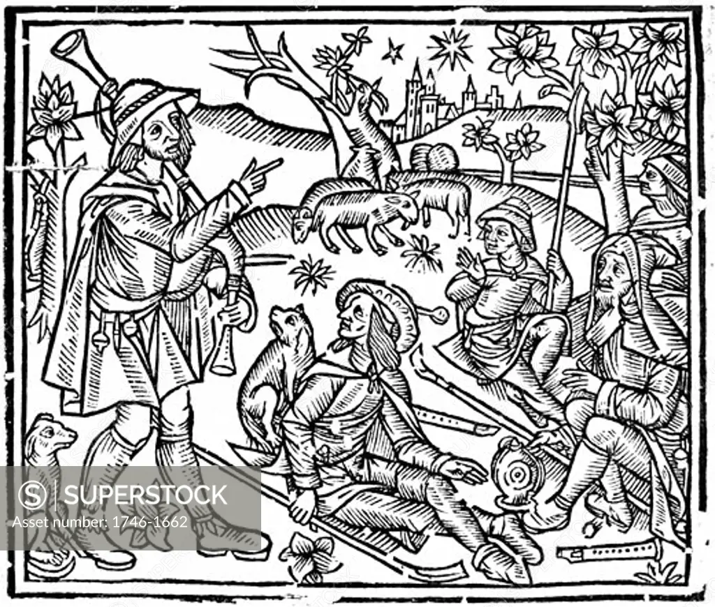 Shepherds with their flocks and dogs. Figure on left is holding bagpipes and, as well as crooks for handling the sheep, there are woodwind instruments on the ground.  Woodcut from early 16th century English edition of "The Shepheards Kalendar" 