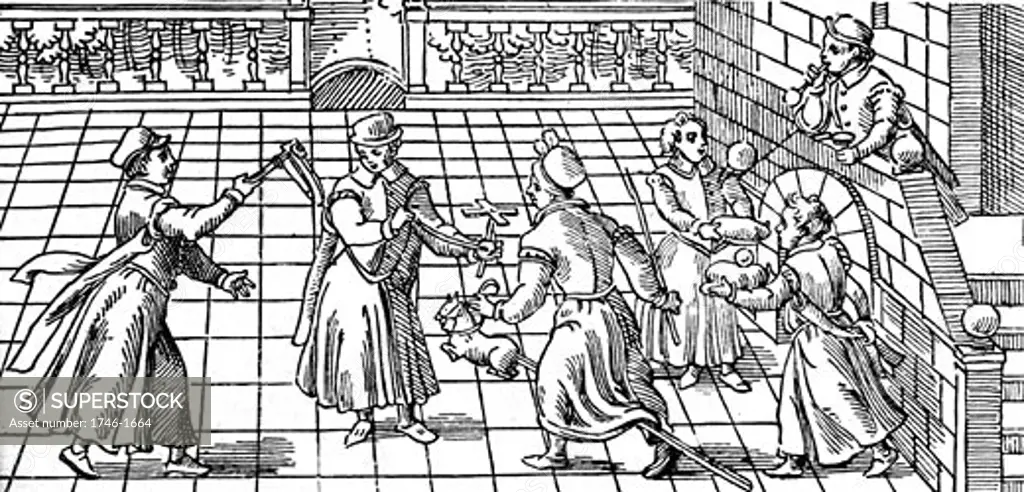 Childrens games in the 16th Century: from left to right are rattle, windmill, hobby-horse and boy blowing soap bubbles using a reed, Woodcut