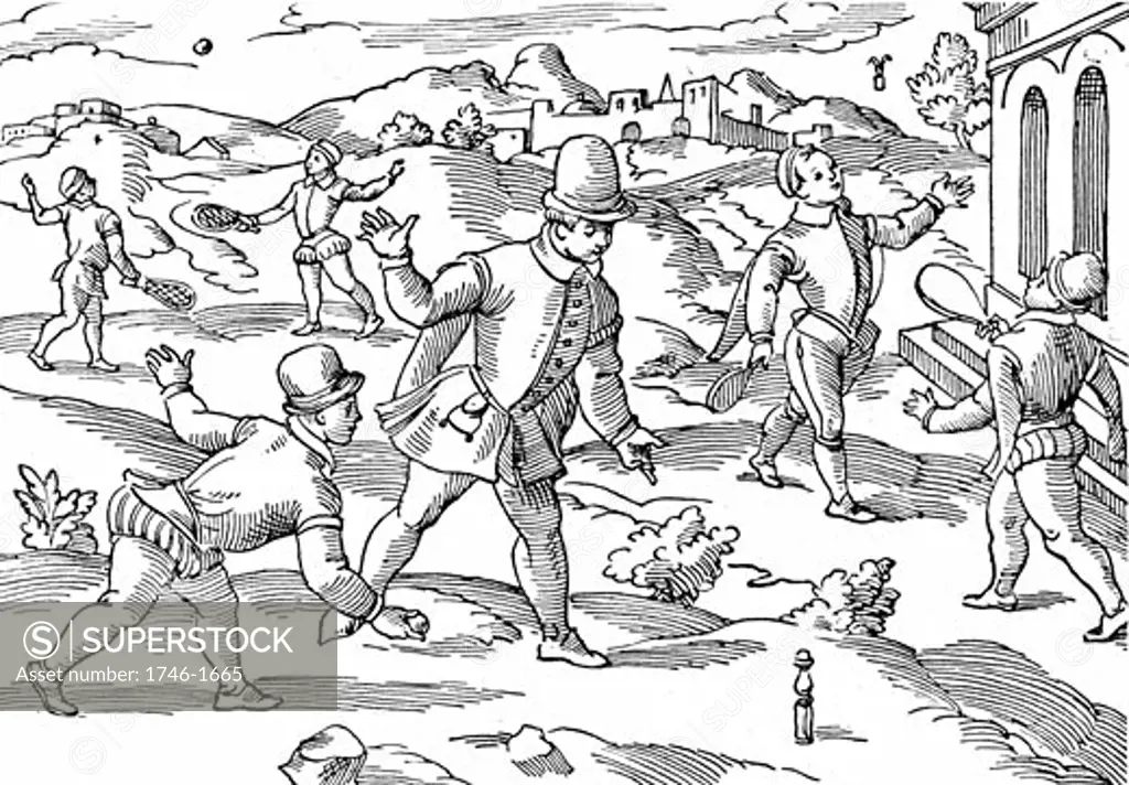 Children's games in 16th Century: In foreground boys are playing a form of skittles, on right shuttlecock, left background  playing at ball with strung rackets, Woodcut