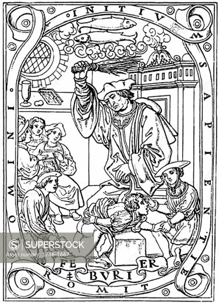 Schoolboy having knowledge beaten into him with the birch, a scene familiar to schoolboys in Europe and Britain. Illustration for February from Les petites Heures a l'usage de Chartres, 1526. Woodcut