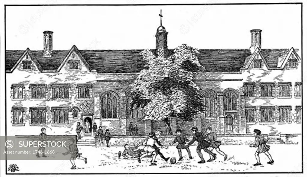 Artist's impression of boys in Tudor times playing football at Berkhamsted Grammar School, Hertfordshire.
