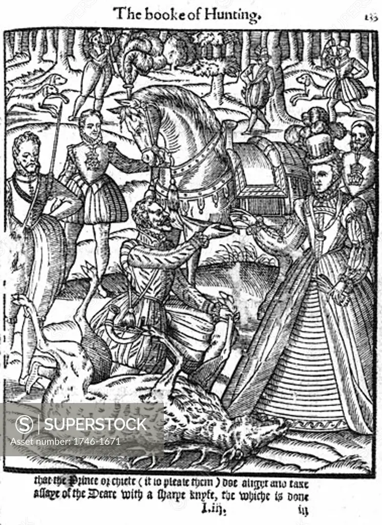Elizabeth I (1533-1603) on the hunting field alights to perform the ceremony of assaying the stag, and is handed the knife by the huntsman. From George Turbevile or Turbeville "The Noble Art of Venerie" 1576. Woodcut