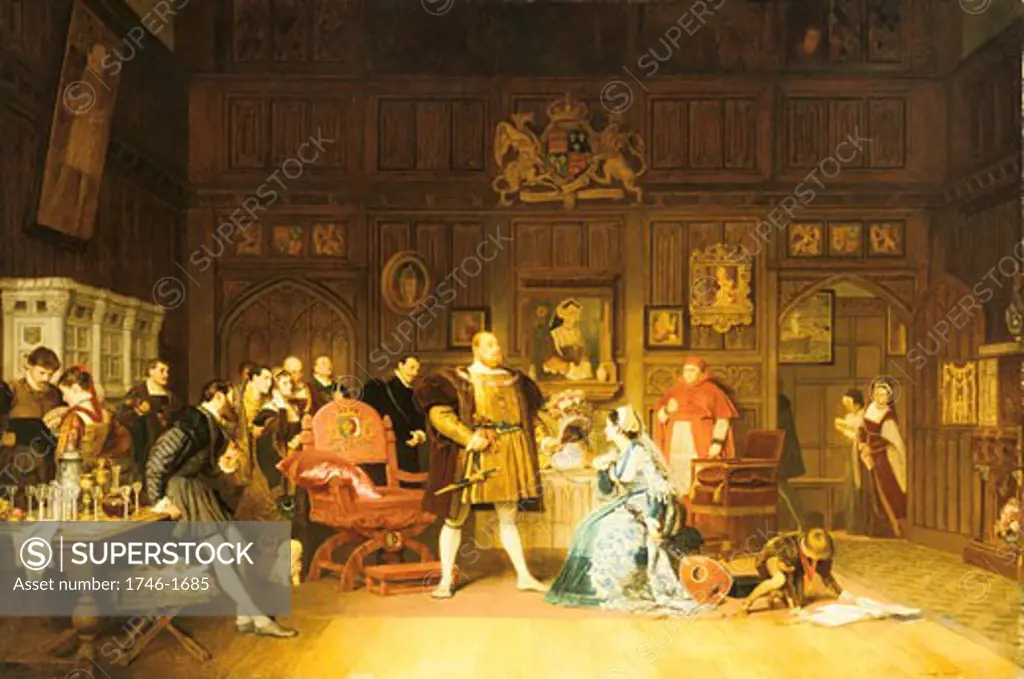 Henry VIII and Anne Boleyn Observed by Queen Catherine in doorway, whose portrait is on wall behind them, Marcus Stone (1840-1921/British)