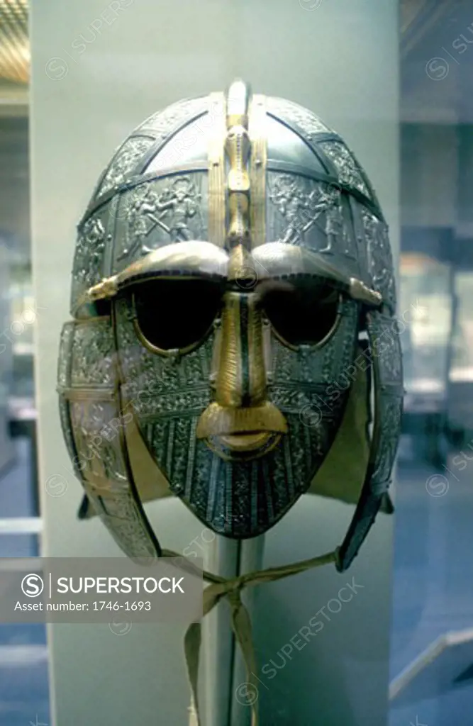 Anglo-Saxon helmet part of the Sutton Hoo treasure excavated near Woodbridge, Suffolk, England, 1939. British Museum
