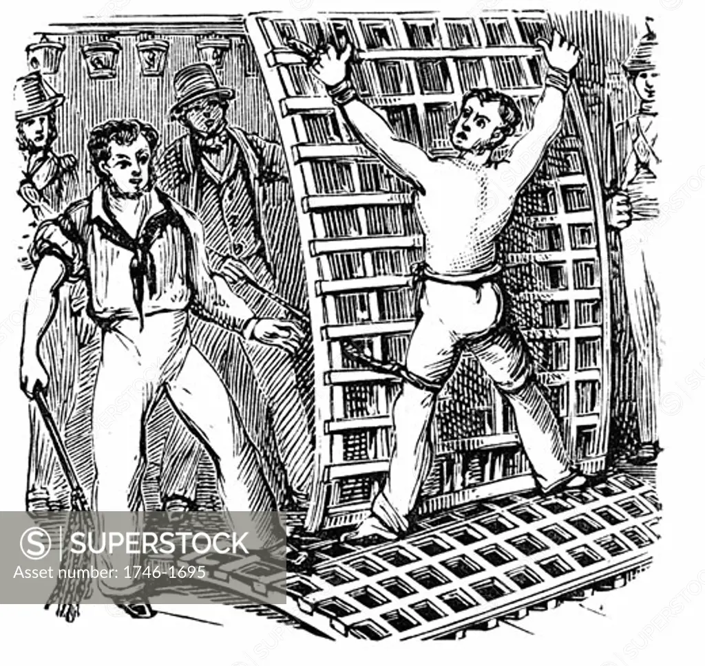 Naval discipline: British sailor, tied to the grating, being flogged with Cat-O-Nine-Tails. In 1867 Parliament abolished flogging in the serices. 19th century Wood engraving