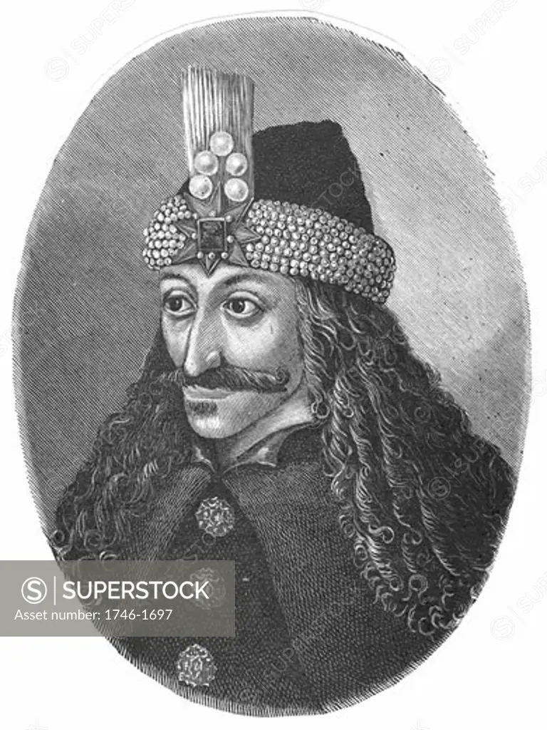Vlad Tepes (Vlad III the Impaler or Vlad Dracula) Prince of Wallachia. Inspiration for the Dracula of Transylvania story. Engraving