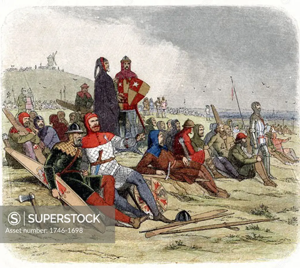 Hundred Years War between England and France. English troops waiting to go into action at the Battle of Crecy, August 1346. Colour-printed wood engraving c1860