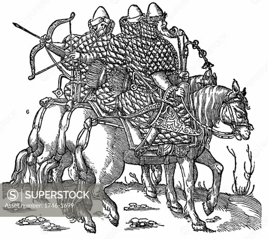Mounted Muscovite warriors equipped with bows and arrow, swords and quilted armour. Woodcut 1556,