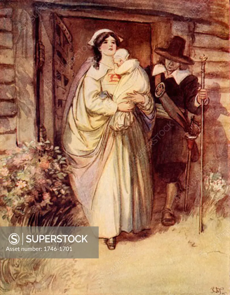 Hester Prynne wearing the letter A for Adultery is being led to the public pillory, From The Scarlet Letter by Nathaniel Hawthorne, Illustration by Hugh Thomson (1860-1920/British), Halftone