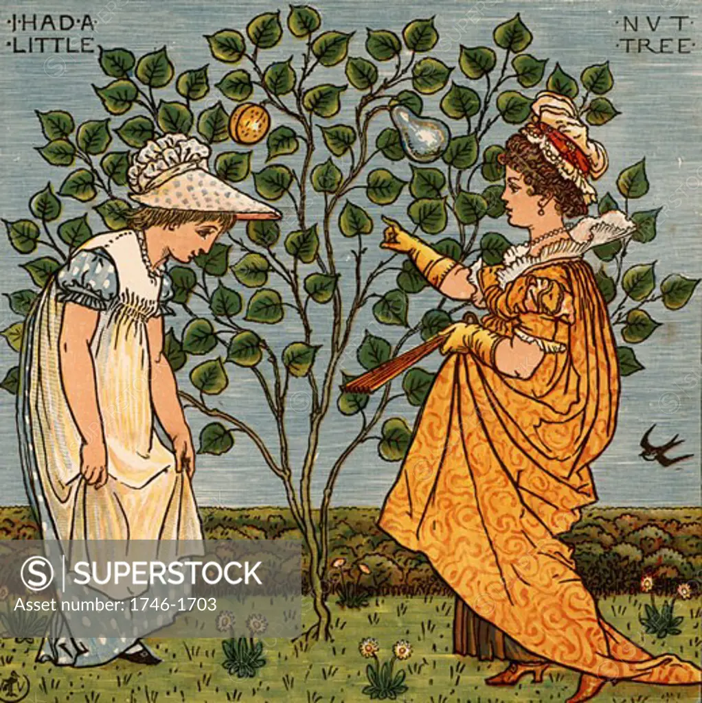I had a little nut tree and nothing would it bear. Illustration by the English artist Walter Crane (1845-1915) for a book of nursery rhymes Sing a Song of Sixpence (London, 1866). Colour-printed wood engraving.