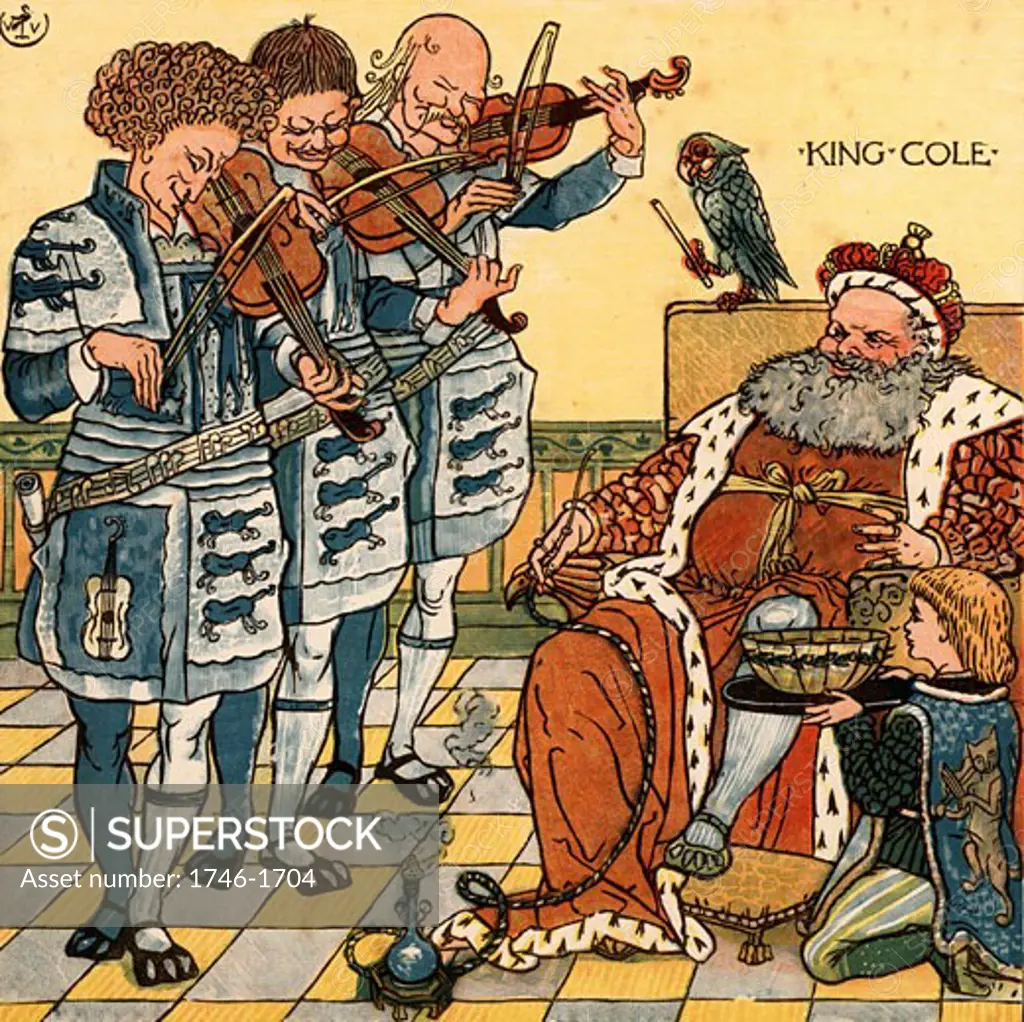 King Cole is smoking a hookah and is serenaded by his three violinists